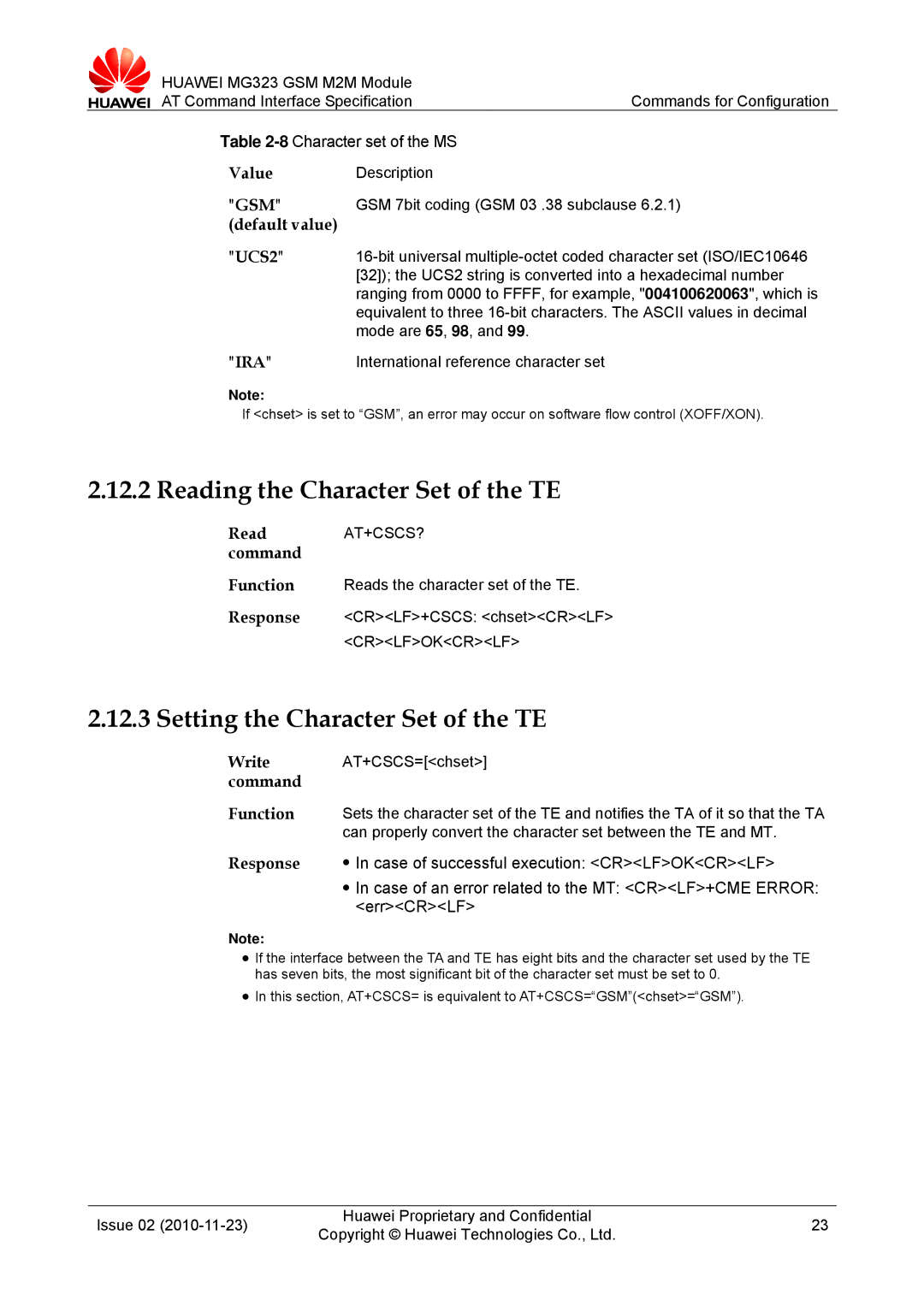 Huawei MG323 manual Reading the Character Set of the TE, Setting the Character Set of the TE, Value, Default value UCS2 