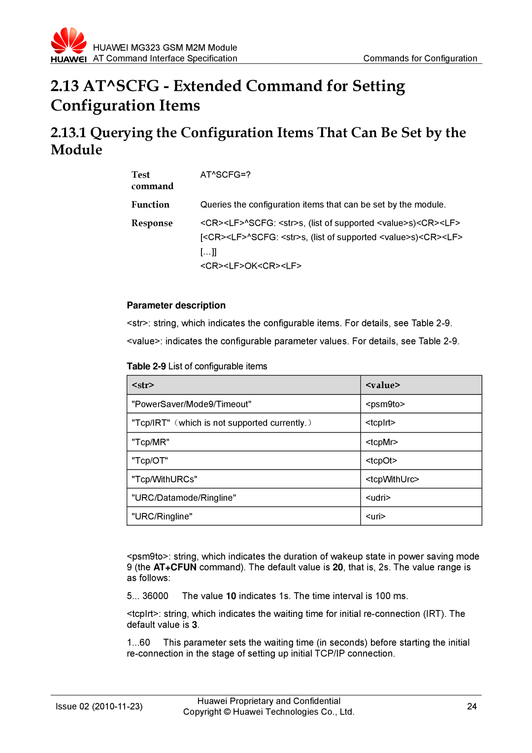 Huawei MG323 manual Atscfg Extended Command for Setting Configuration Items, Test ATSCFG=? command, Str Value 