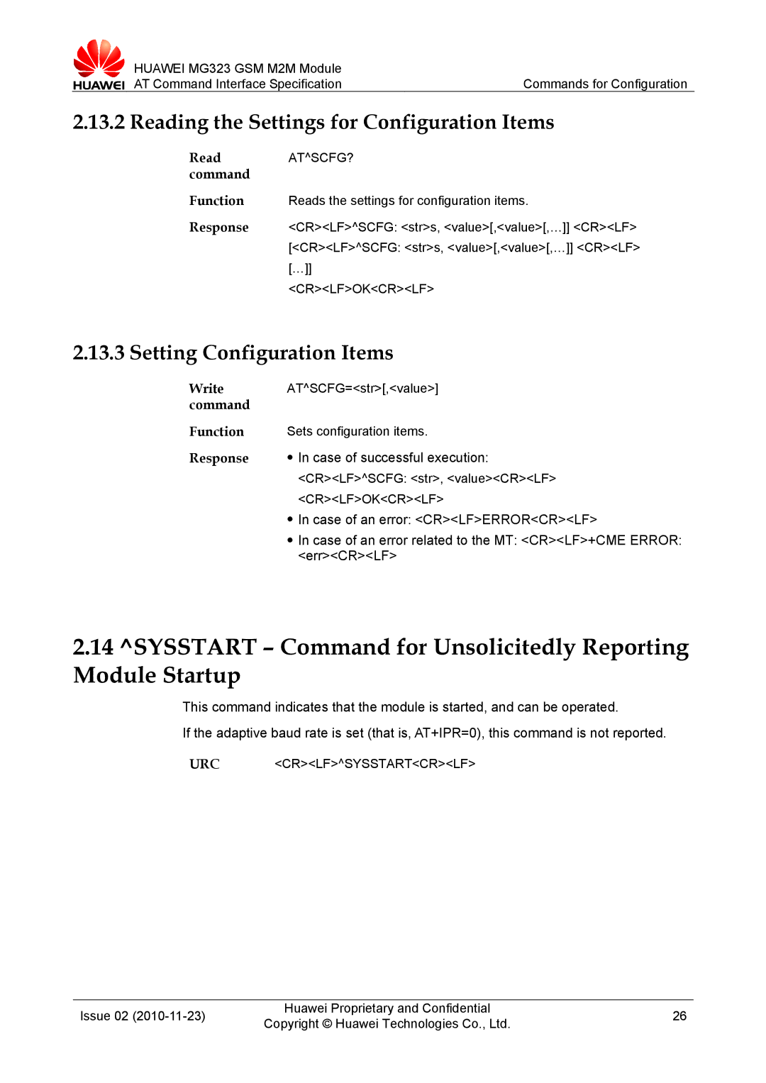 Huawei MG323 Sysstart Command for Unsolicitedly Reporting Module Startup, Reading the Settings for Configuration Items 