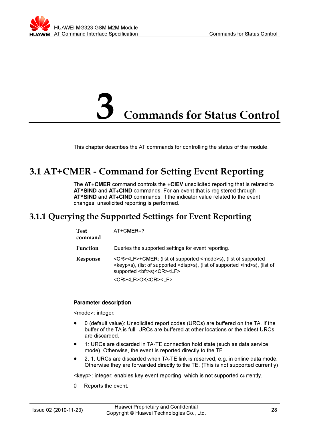 Huawei MG323 manual Commands for Status Control, AT+CMER Command for Setting Event Reporting, Test AT+CMER=? command 