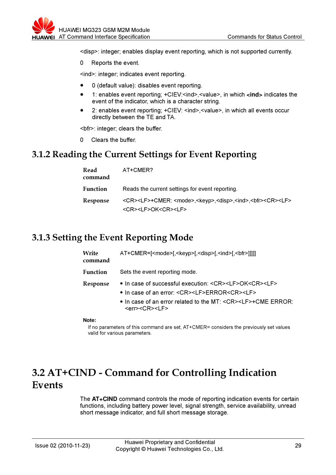 Huawei MG323 manual AT+CIND Command for Controlling Indication Events, Reading the Current Settings for Event Reporting 