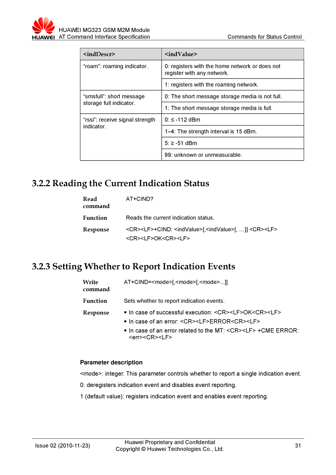 Huawei MG323 Reading the Current Indication Status, Setting Whether to Report Indication Events, Read AT+CIND? command 