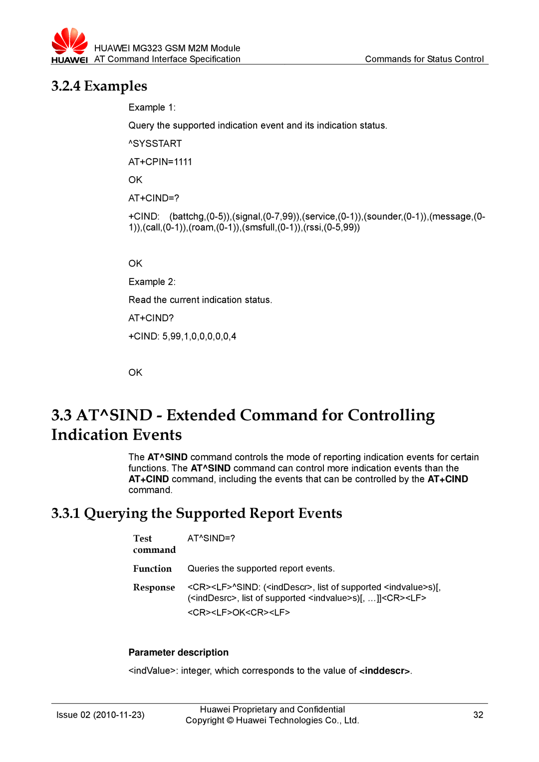 Huawei MG323 Atsind Extended Command for Controlling Indication Events, Querying the Supported Report Events, Sysstart 