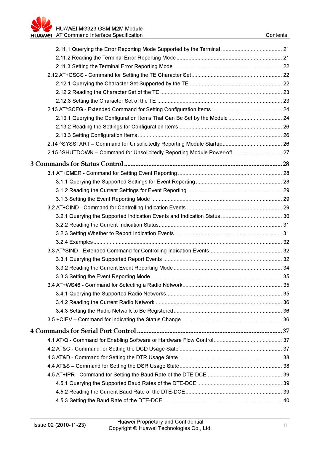 Huawei MG323 manual Commands for Status Control 