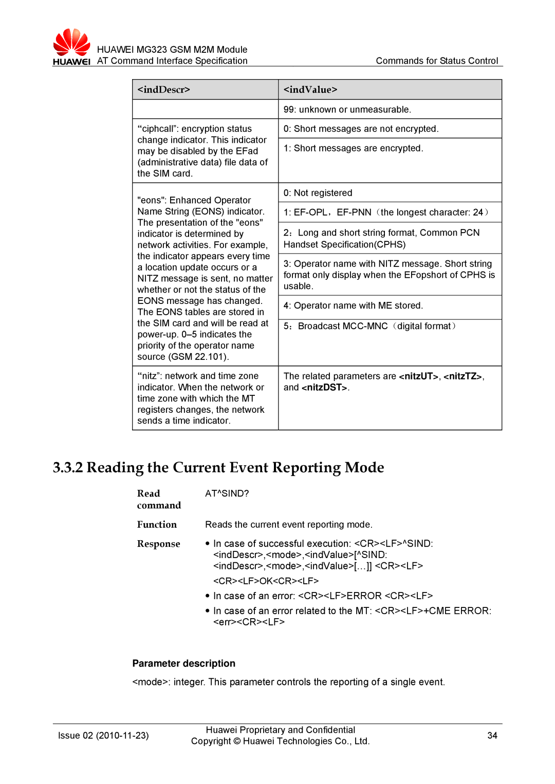 Huawei MG323 manual Reading the Current Event Reporting Mode 