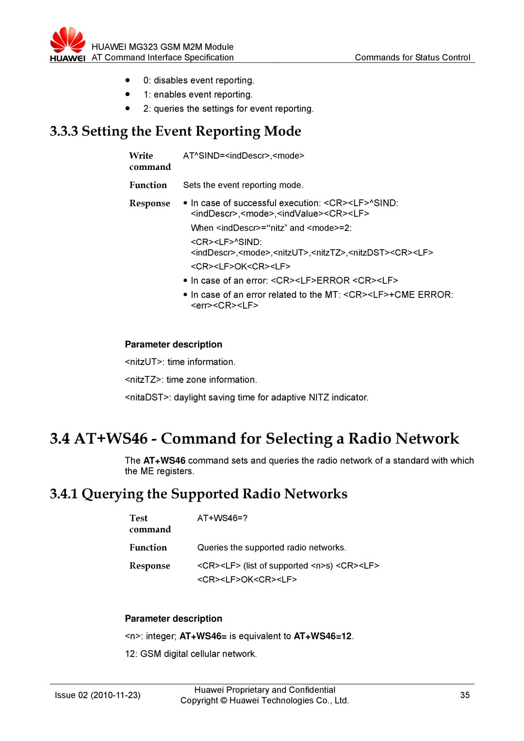 Huawei MG323 AT+WS46 Command for Selecting a Radio Network, Querying the Supported Radio Networks, Test AT+WS46=? command 