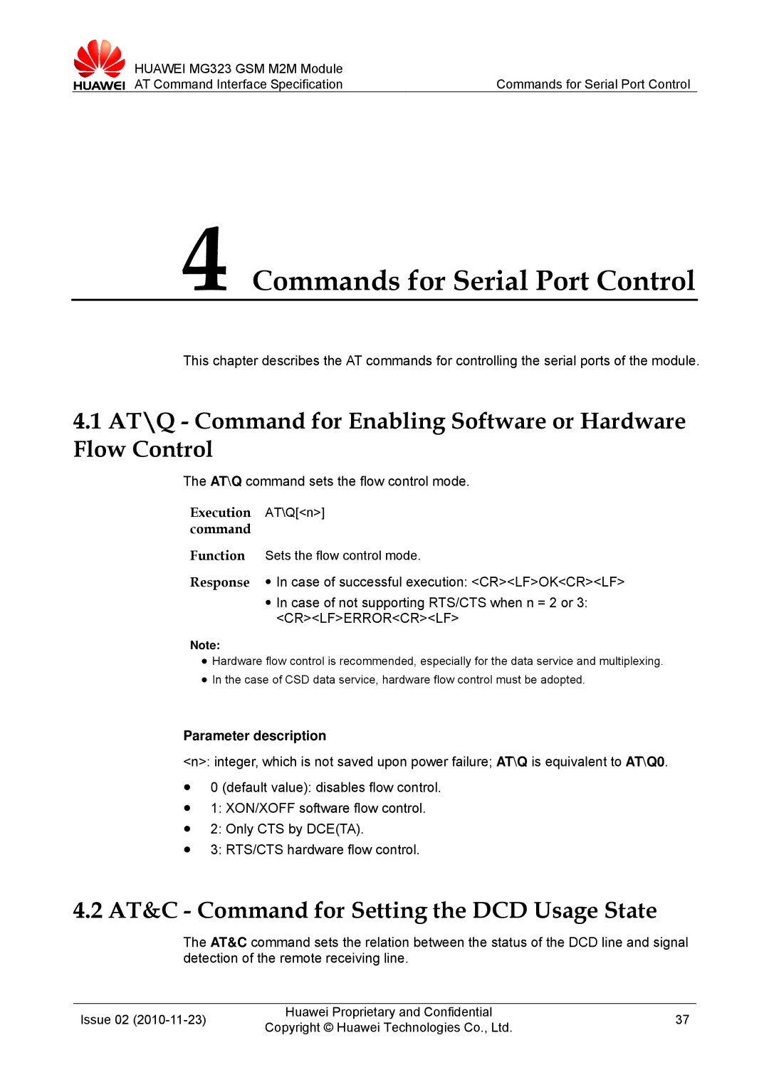 Huawei MG323 manual Commands for Serial Port Control, AT\Q Command for Enabling Software or Hardware Flow Control 