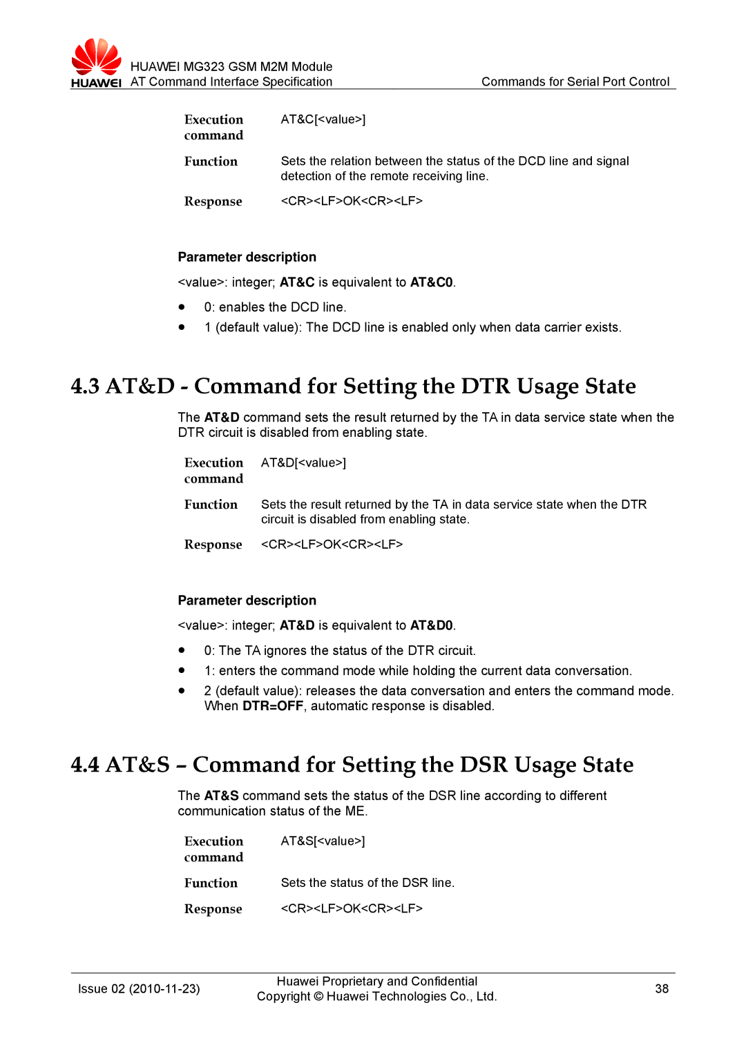 Huawei MG323 manual AT&D Command for Setting the DTR Usage State, AT&S Command for Setting the DSR Usage State 