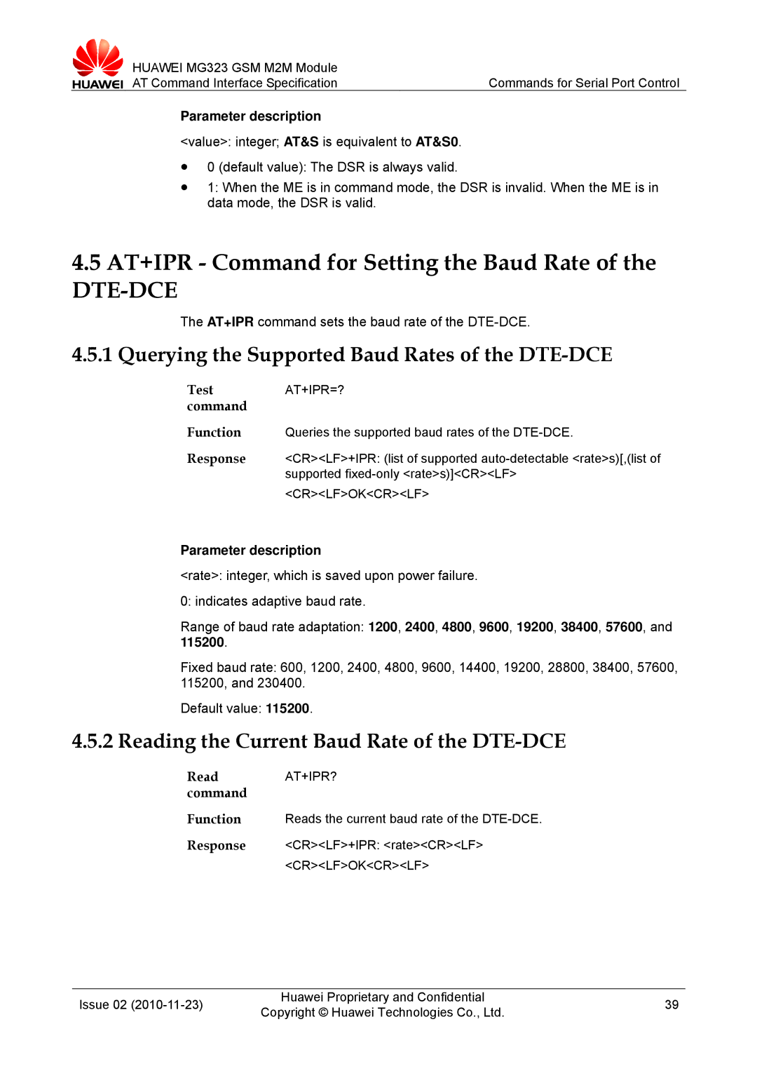 Huawei MG323 manual AT+IPR Command for Setting the Baud Rate, Querying the Supported Baud Rates of the DTE-DCE 