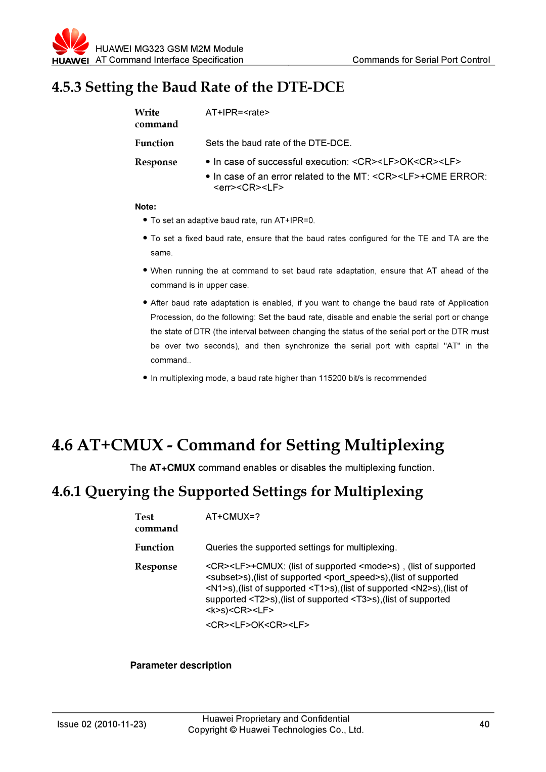 Huawei MG323 manual AT+CMUX Command for Setting Multiplexing, Setting the Baud Rate of the DTE-DCE, Test AT+CMUX=? command 