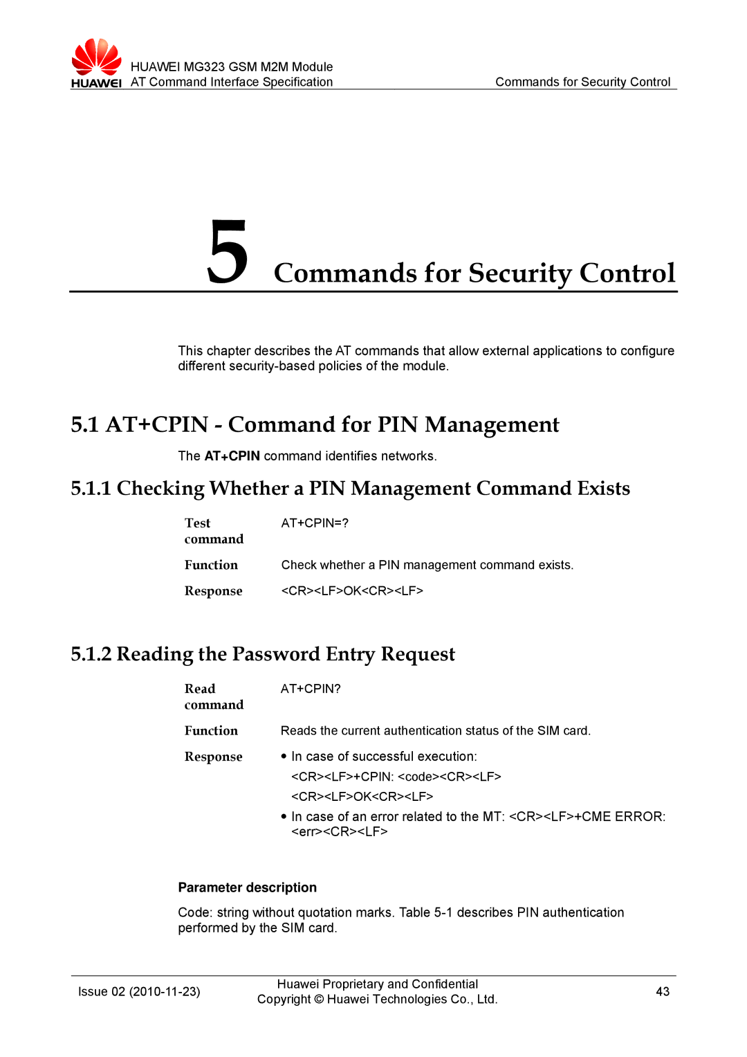 Huawei MG323 manual Commands for Security Control, AT+CPIN Command for PIN Management, Reading the Password Entry Request 