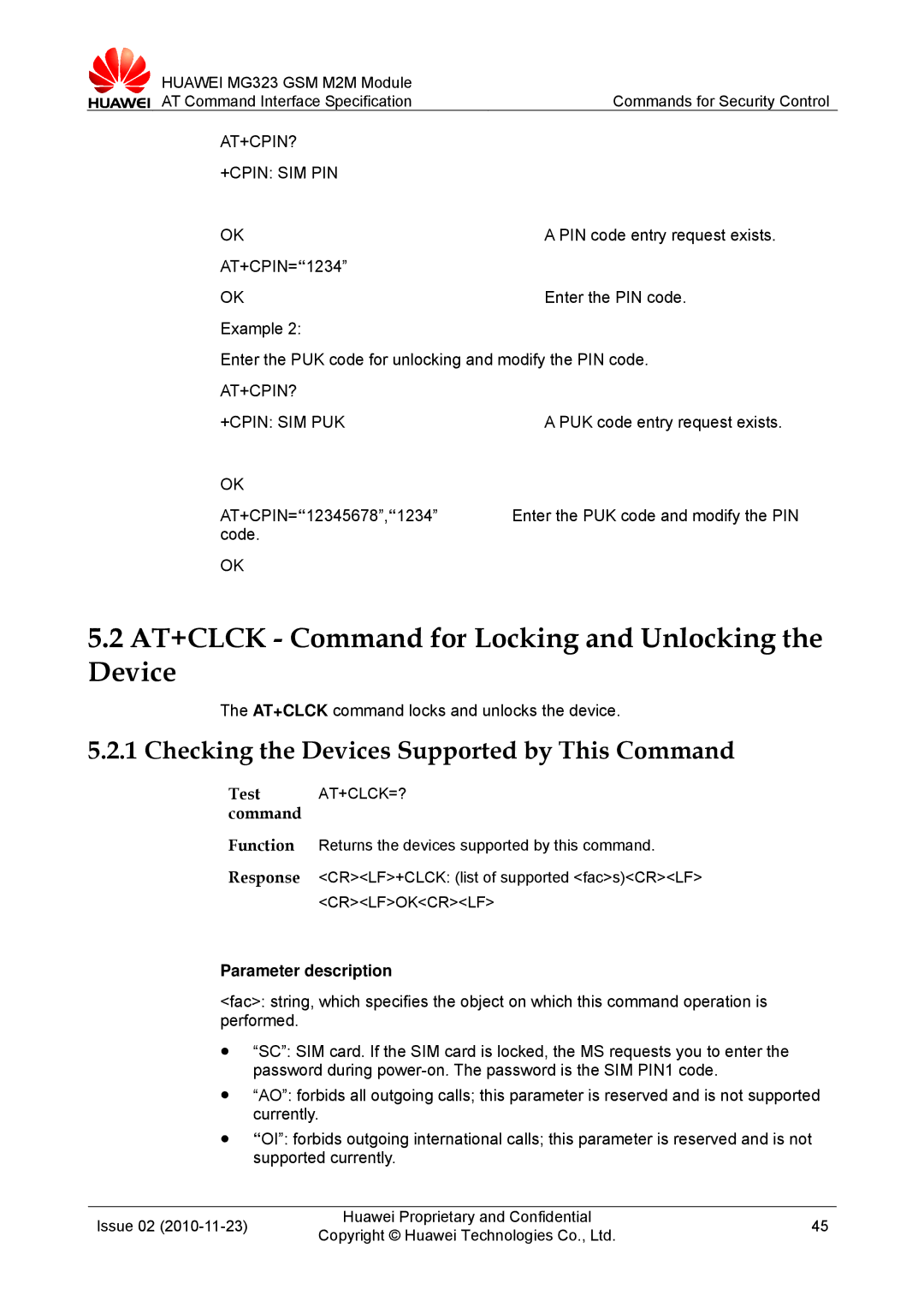 Huawei MG323 manual AT+CLCK Command for Locking and Unlocking the Device, Checking the Devices Supported by This Command 