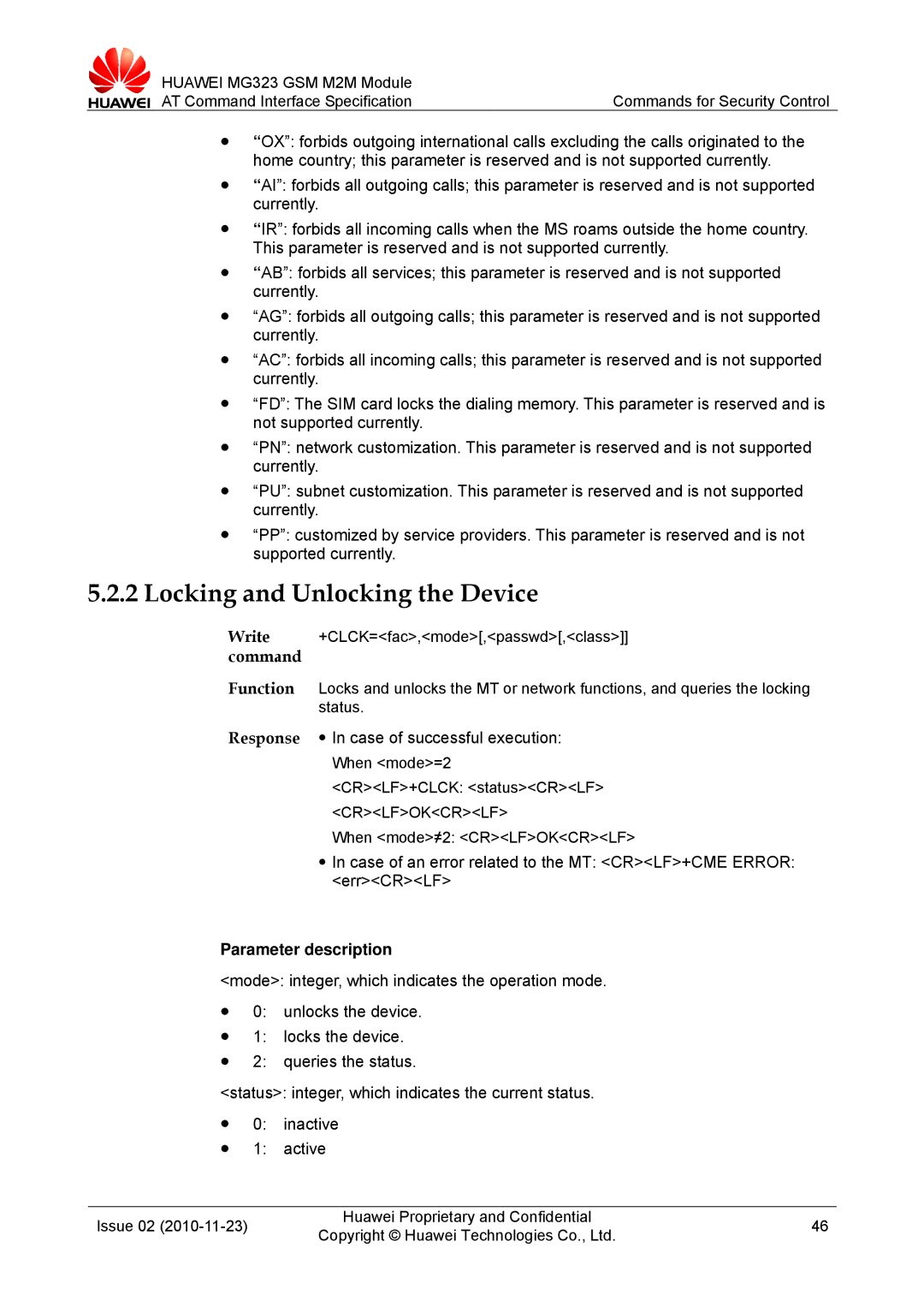 Huawei MG323 manual Locking and Unlocking the Device, Response z In case of successful execution 