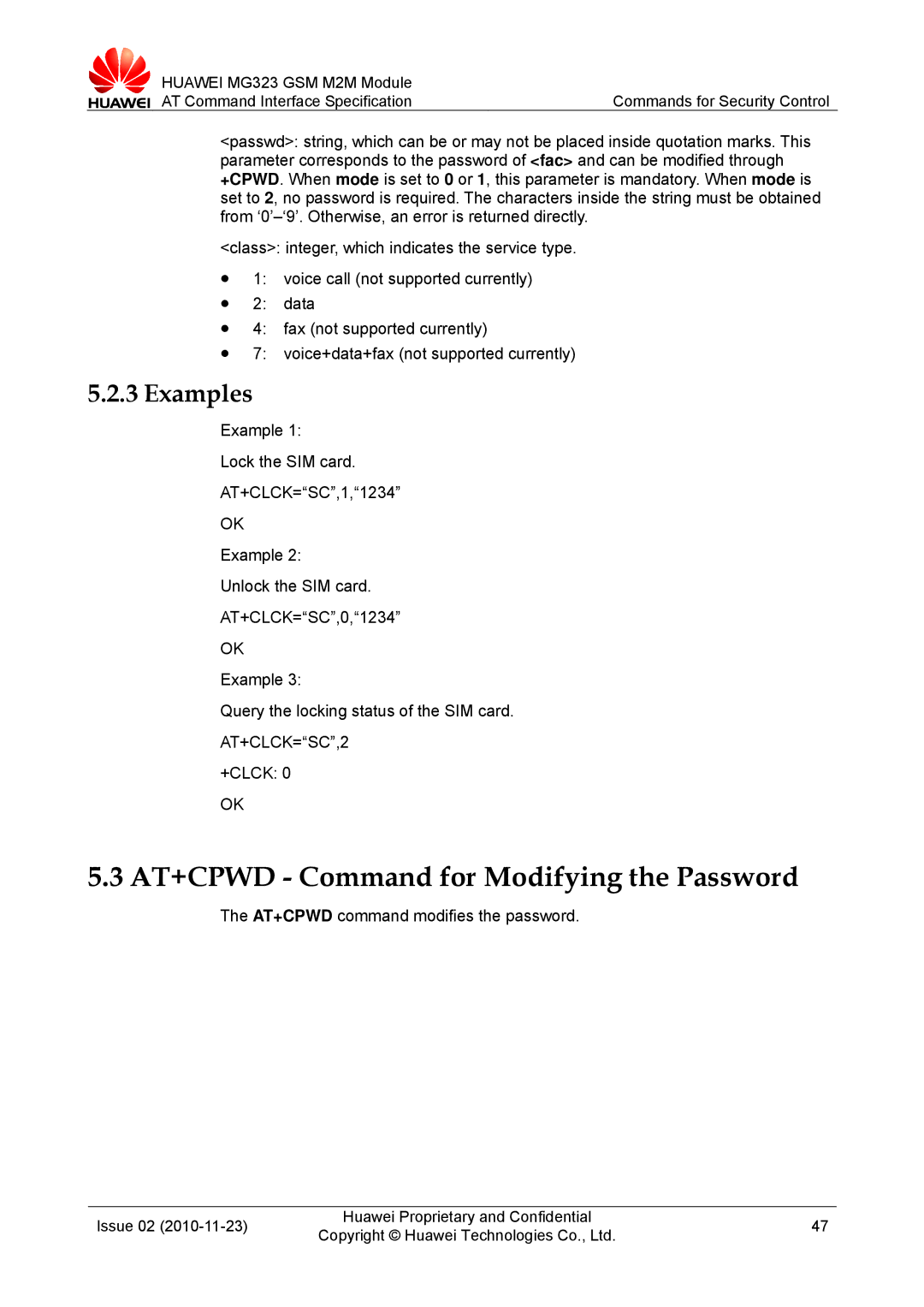 Huawei MG323 manual AT+CPWD Command for Modifying the Password, AT+CLCK=SC,2, +Clck, AT+CPWD command modifies the password 