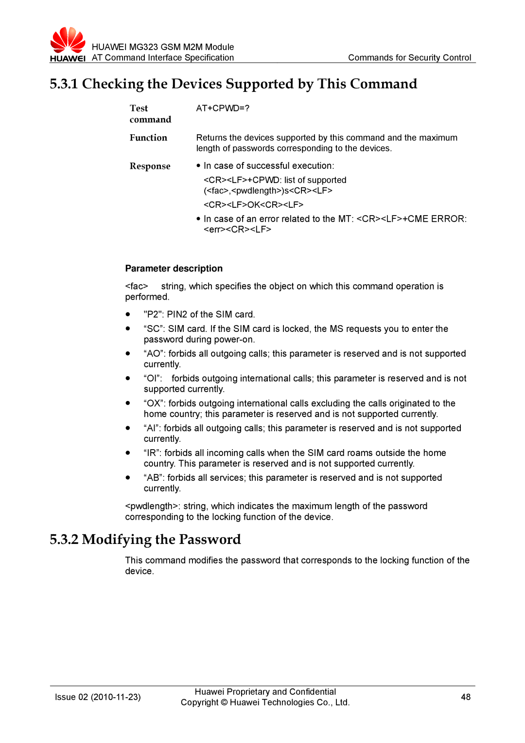 Huawei MG323 manual Modifying the Password, Test, At+Cpwd=? 