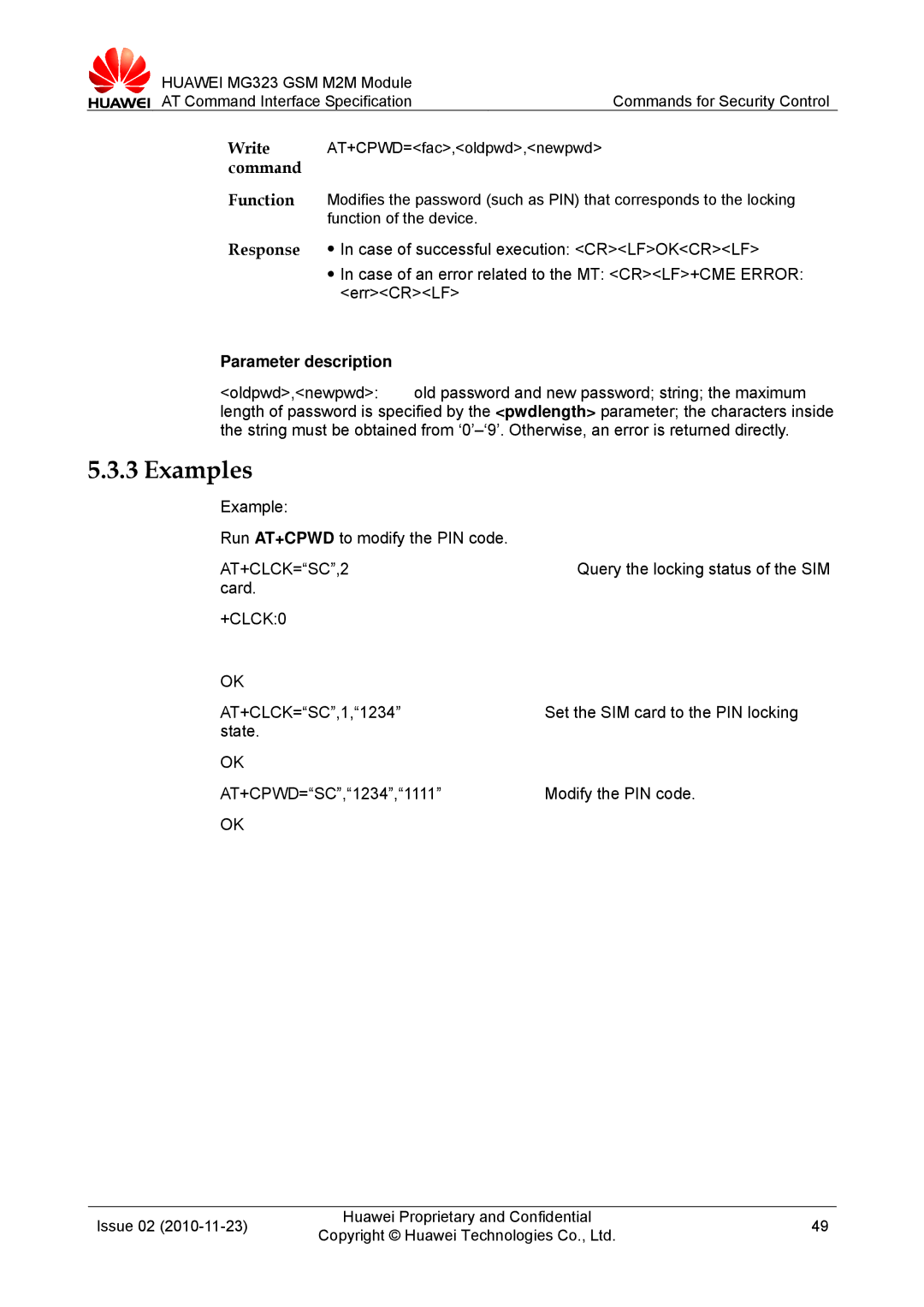 Huawei MG323 manual Example Run AT+CPWD to modify the PIN code, Card, +CLCK0 