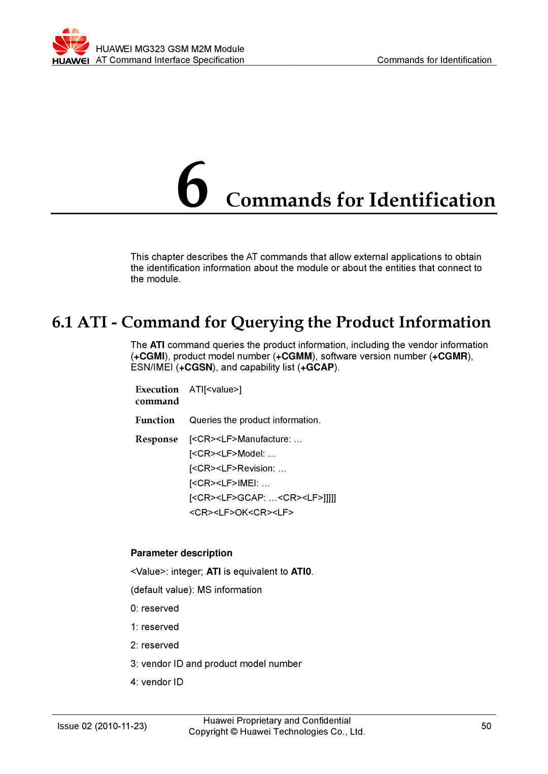 Huawei MG323 manual Commands for Identification, ATI Command for Querying the Product Information 