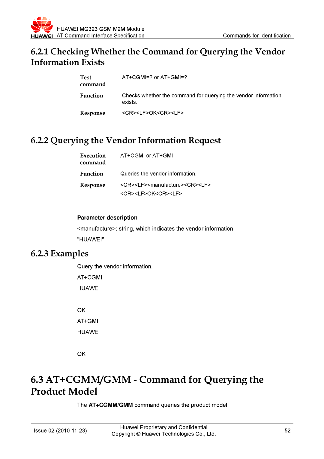 Huawei MG323 manual AT+CGMM/GMM Command for Querying the Product Model, Querying the Vendor Information Request 