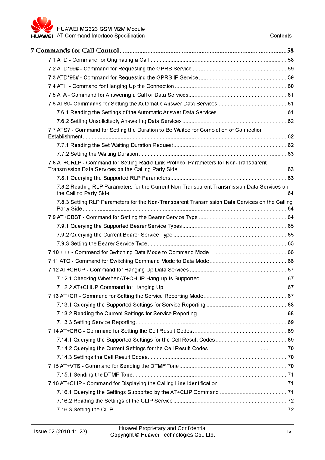 Huawei MG323 manual Commands for Call Control 