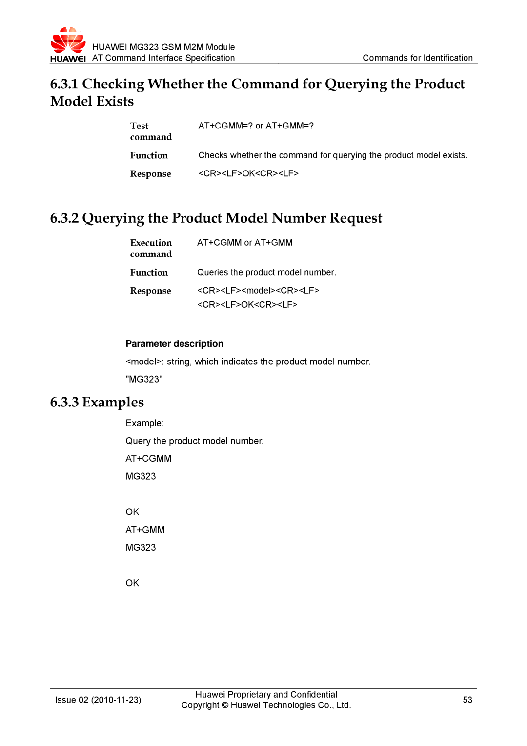 Huawei MG323 manual Querying the Product Model Number Request, Example Query the product model number, At+Cgmm, At+Gmm 