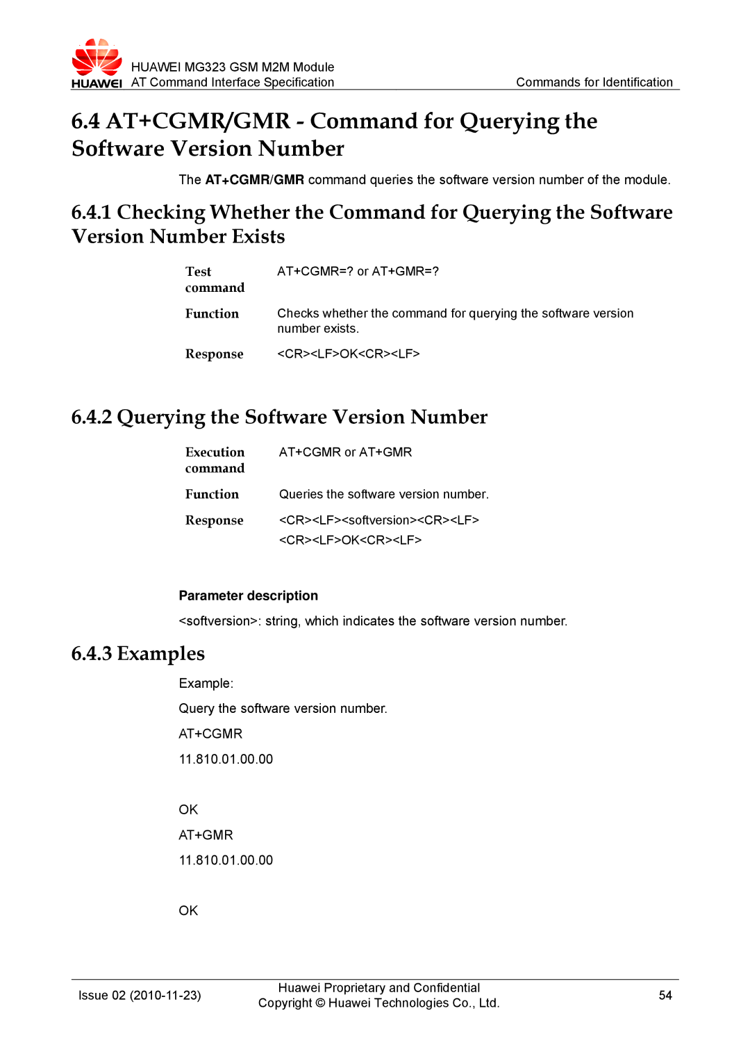 Huawei MG323 manual Querying the Software Version Number, Example Query the software version number, At+Cgmr, Ok At+Gmr 