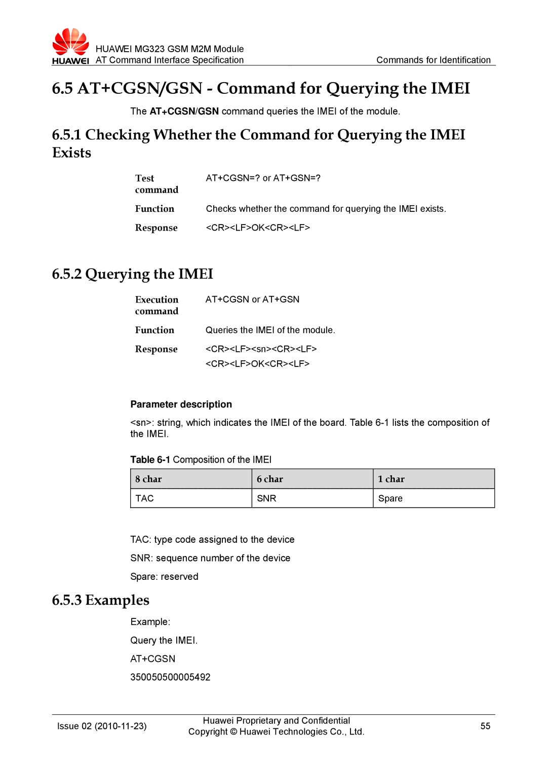 Huawei MG323 AT+CGSN/GSN Command for Querying the Imei, Checking Whether the Command for Querying the Imei Exists, Char 