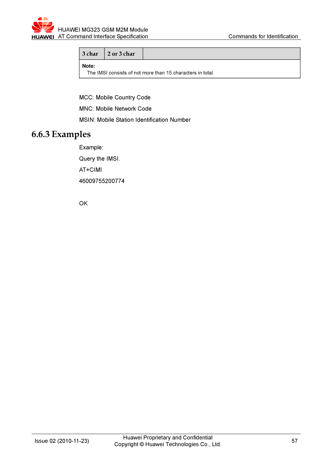 Huawei MG323 manual Example Query the Imsi, At+Cimi, 46009755200774 