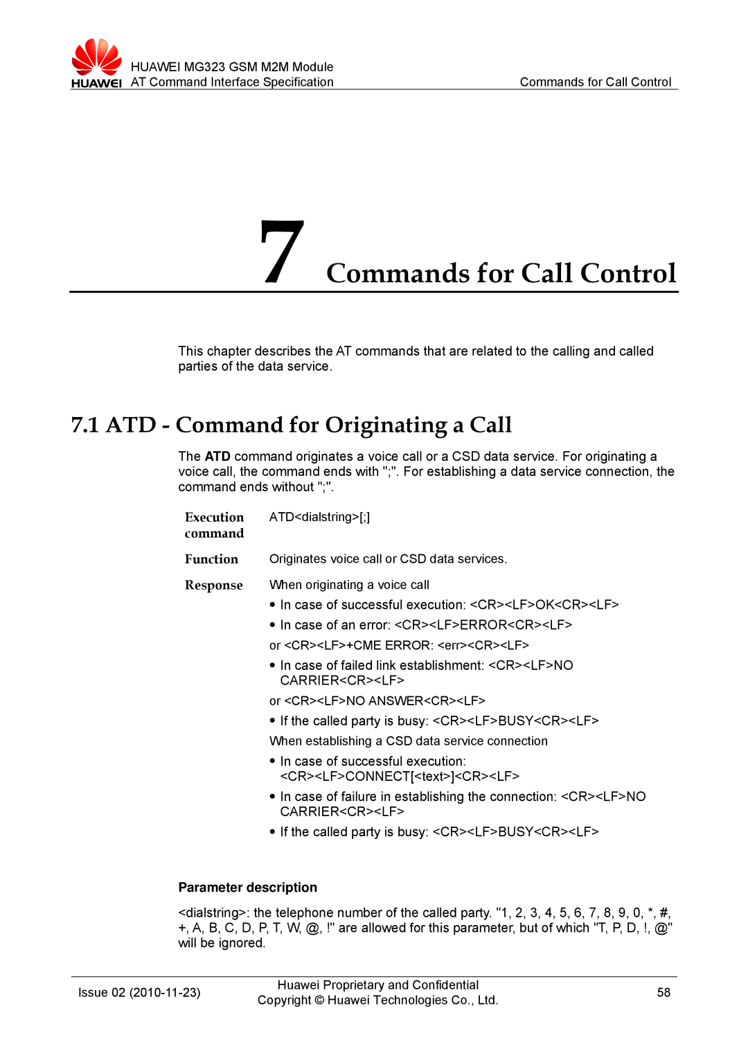 Huawei MG323 manual Commands for Call Control, ATD Command for Originating a Call 