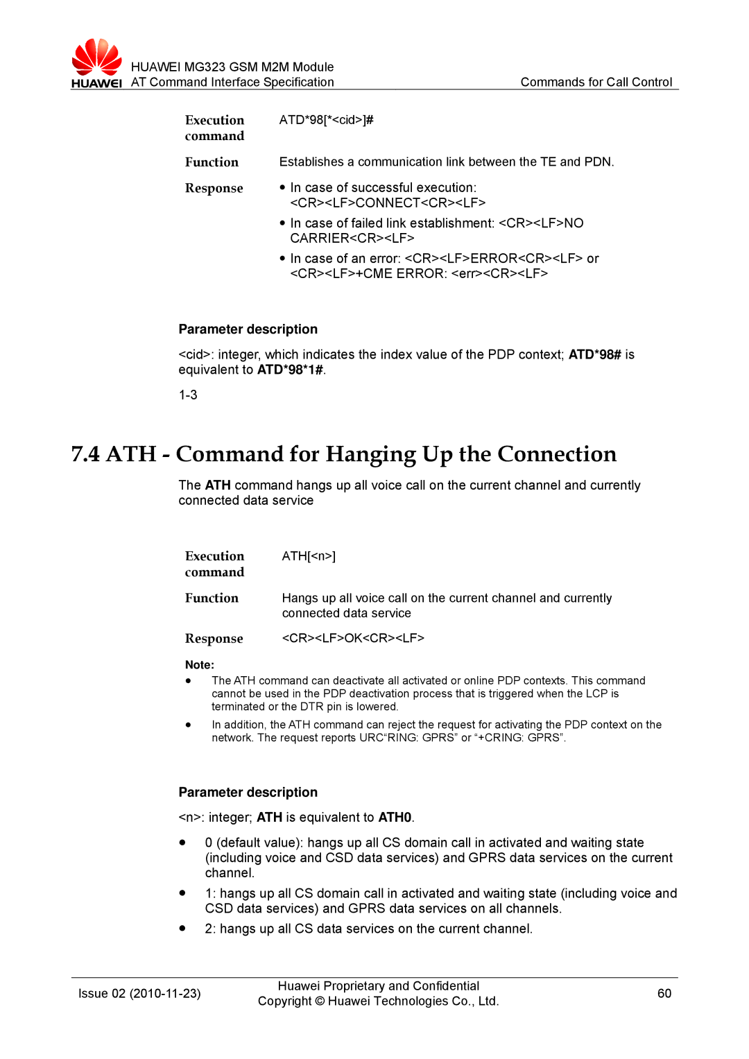 Huawei MG323 manual ATH Command for Hanging Up the Connection, Crlfconnectcrlf, Execution ATHn command 