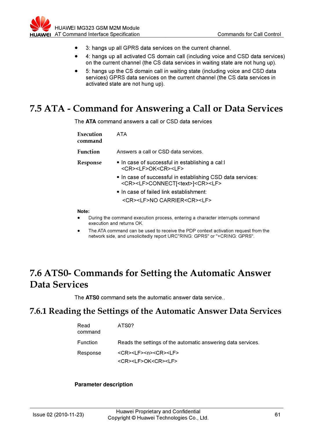 Huawei MG323 ATA Command for Answering a Call or Data Services, Reading the Settings of the Automatic Answer Data Services 