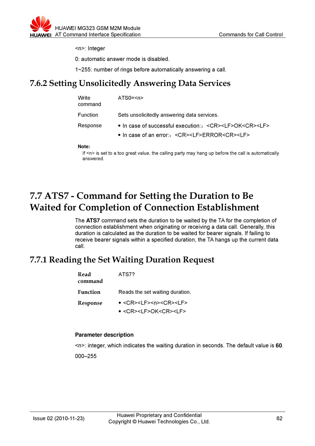 Huawei MG323 manual Setting Unsolicitedly Answering Data Services, Reading the Set Waiting Duration Request 