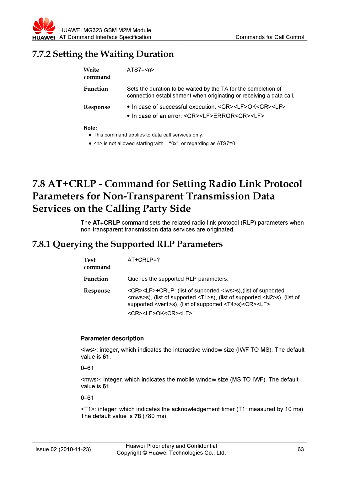 Huawei MG323 manual Setting the Waiting Duration, Querying the Supported RLP Parameters, Test AT+CRLP=? command 