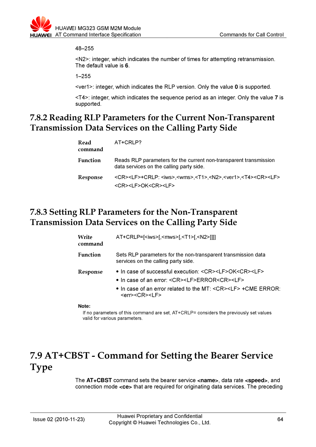 Huawei MG323 manual AT+CBST Command for Setting the Bearer Service Type, Case of successful execution Crlfokcrlf 