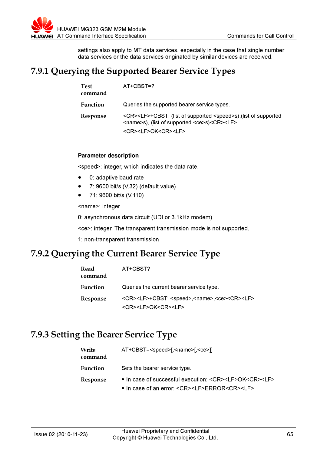 Huawei MG323 Querying the Supported Bearer Service Types, Querying the Current Bearer Service Type, Test AT+CBST=? command 