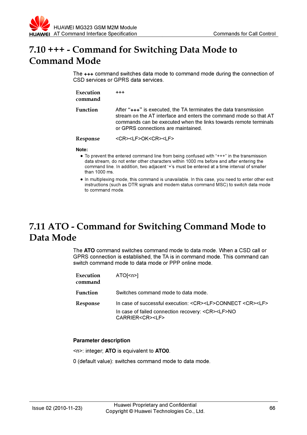 Huawei MG323 10 +++ Command for Switching Data Mode to Command Mode, ATO Command for Switching Command Mode to Data Mode 