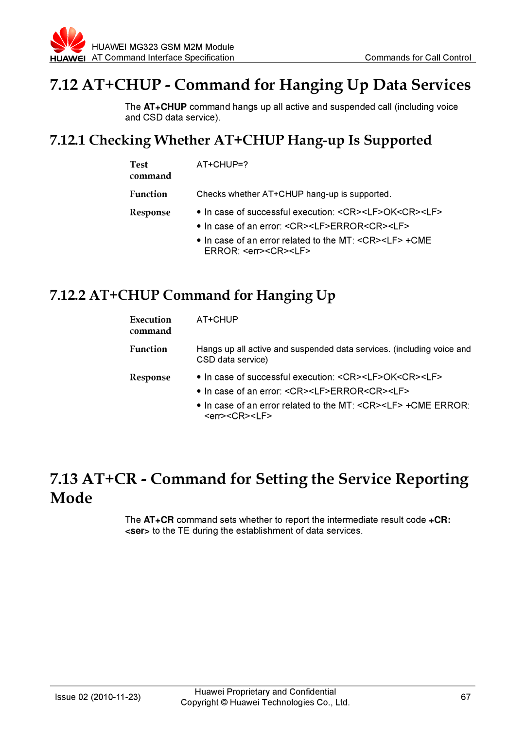 Huawei MG323 12 AT+CHUP Command for Hanging Up Data Services, 13 AT+CR Command for Setting the Service Reporting Mode 