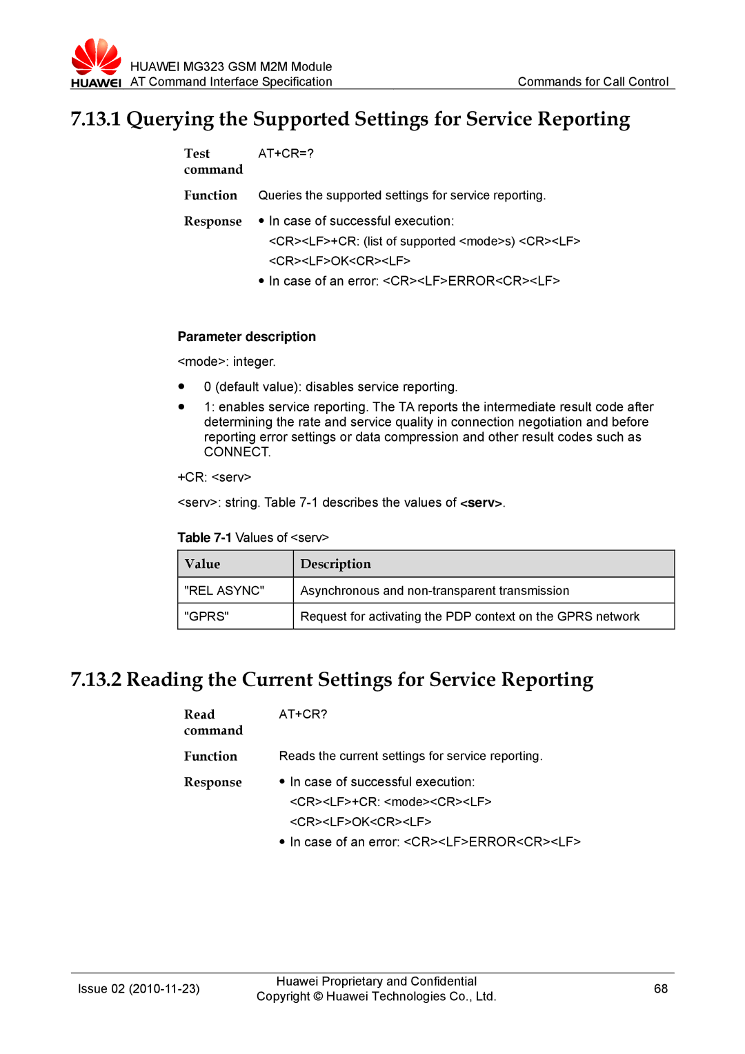 Huawei MG323 Querying the Supported Settings for Service Reporting, Reading the Current Settings for Service Reporting 