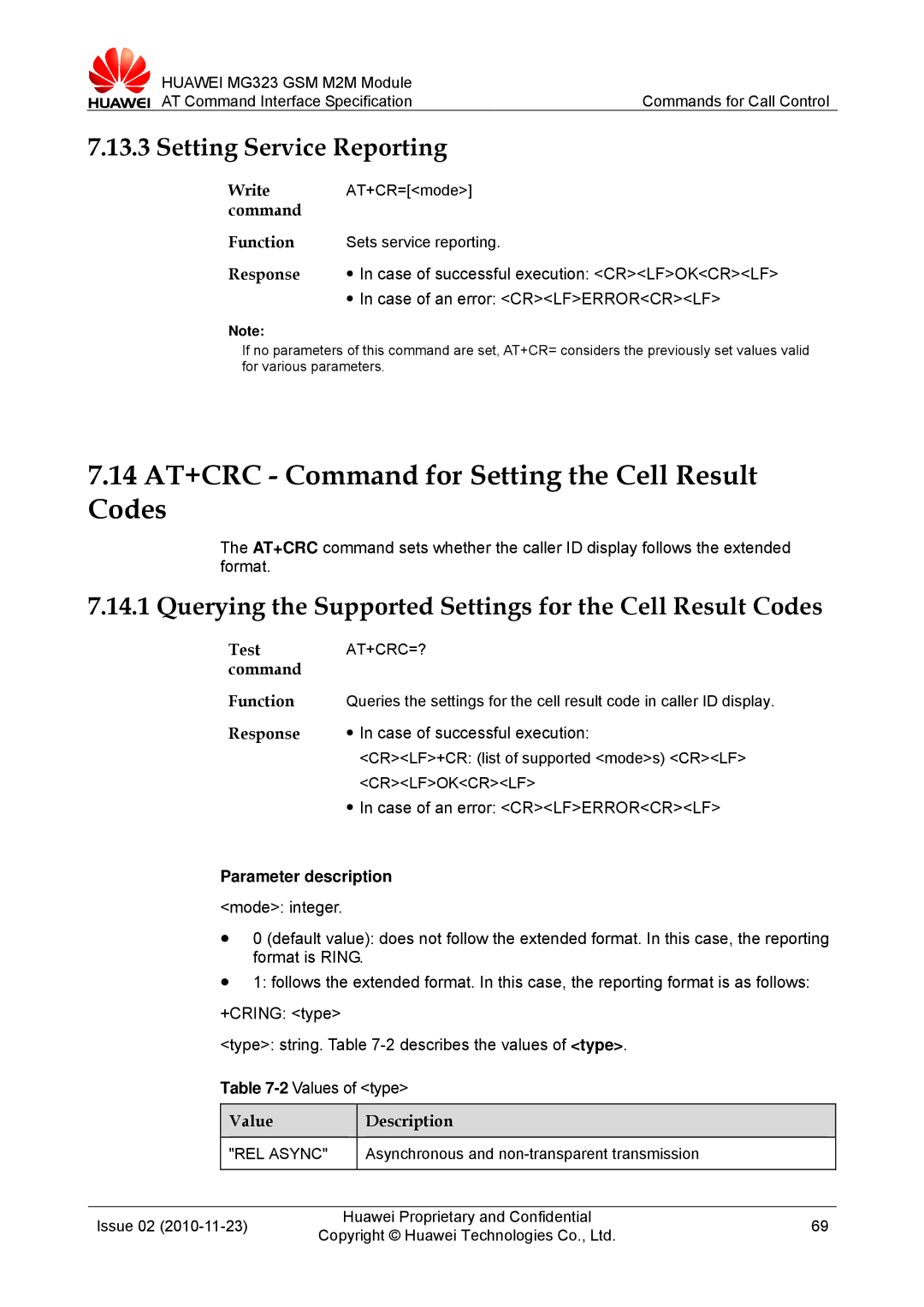 Huawei MG323 manual 14 AT+CRC Command for Setting the Cell Result Codes, Setting Service Reporting, At+Crc=? 