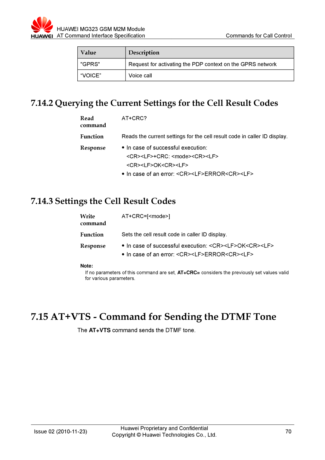 Huawei MG323 manual 15 AT+VTS Command for Sending the Dtmf Tone, Querying the Current Settings for the Cell Result Codes 