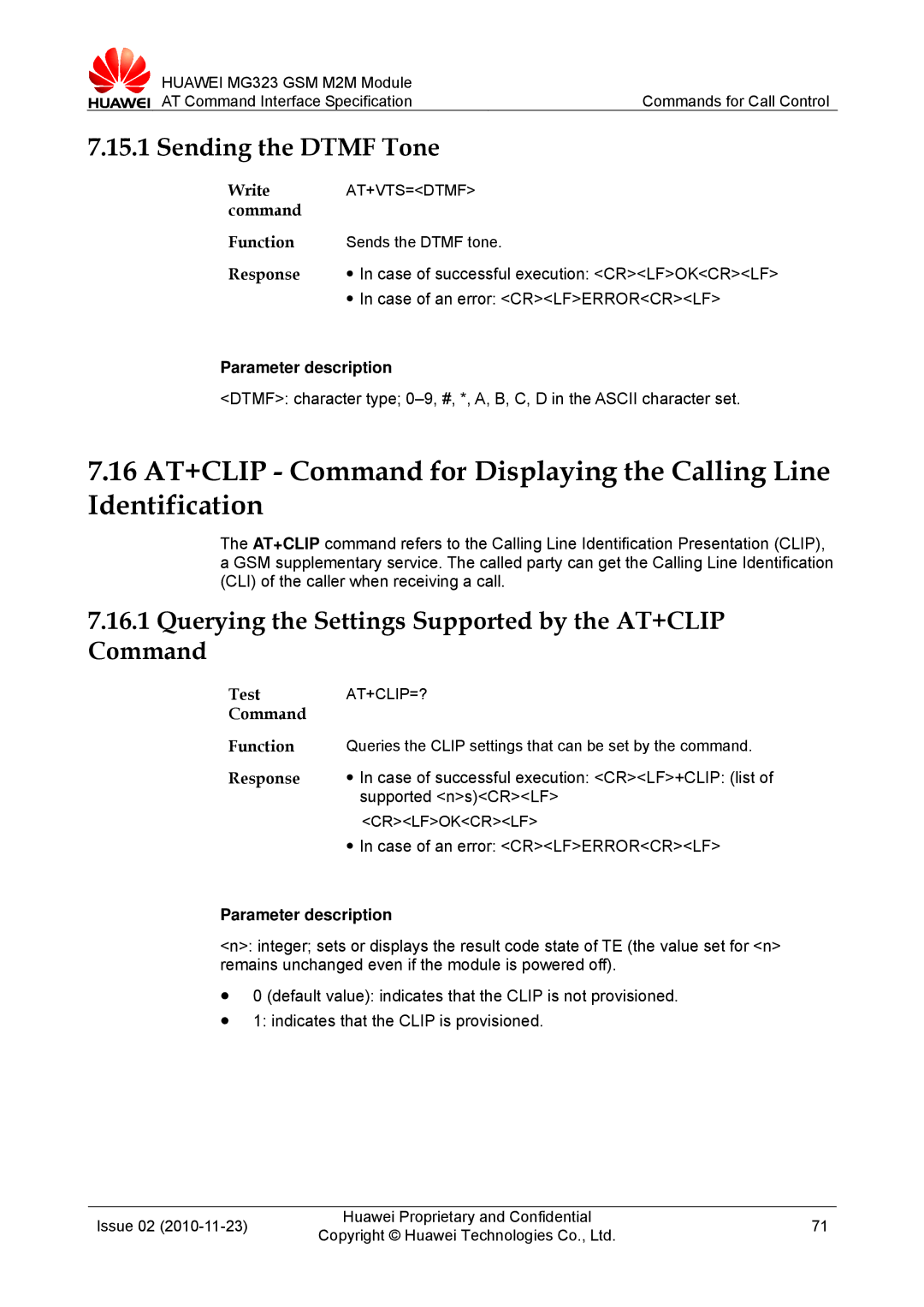 Huawei MG323 Sending the Dtmf Tone, Querying the Settings Supported by the AT+CLIP Command, Supported nsCRLF, At+Clip=? 