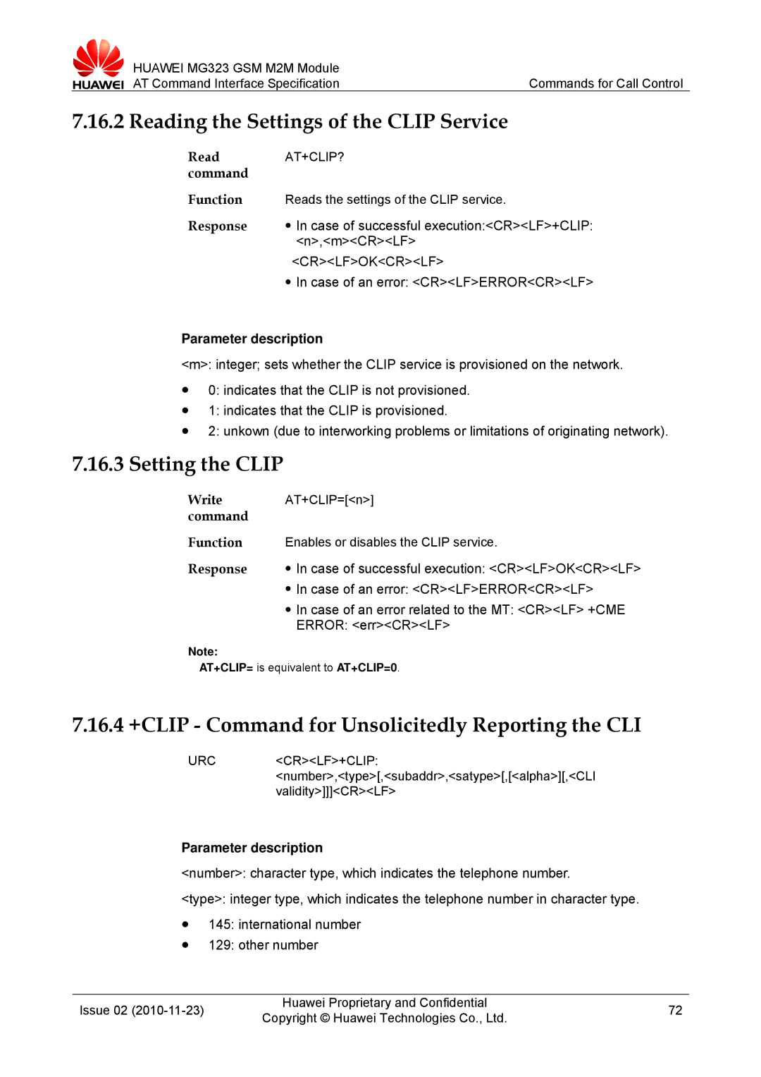 Huawei MG323 manual Reading the Settings of the Clip Service, Setting the Clip, Mcrlf, At+Clip? 