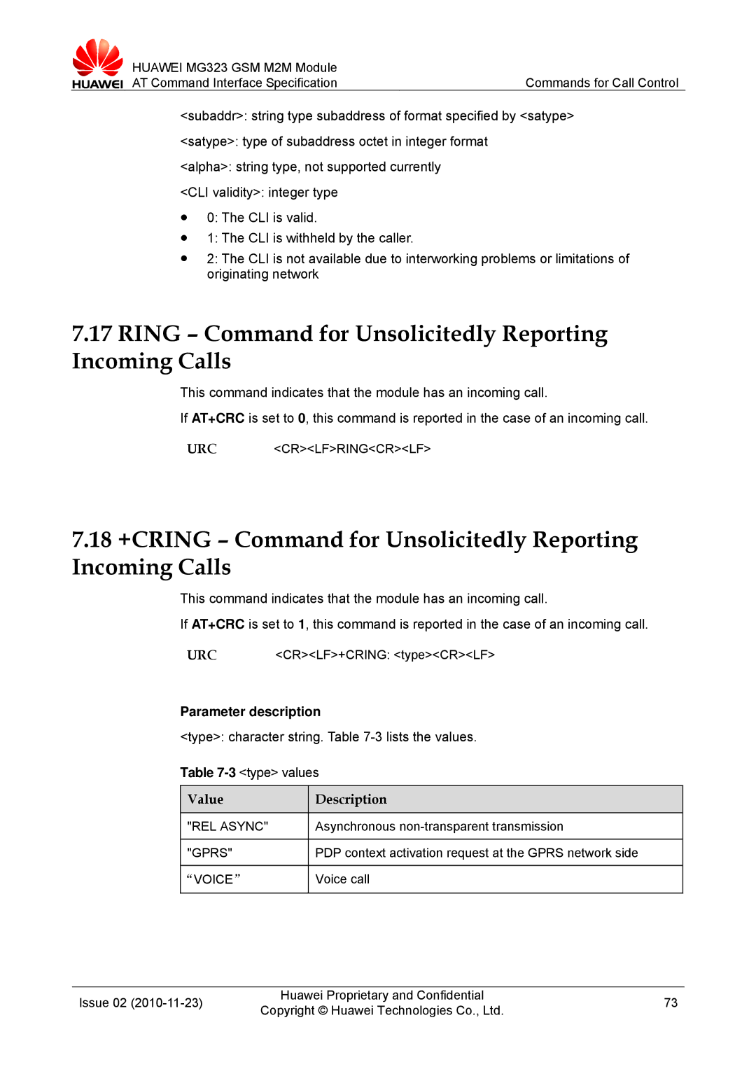 Huawei MG323 manual Ring Command for Unsolicitedly Reporting Incoming Calls, URC Crlfringcrlf 