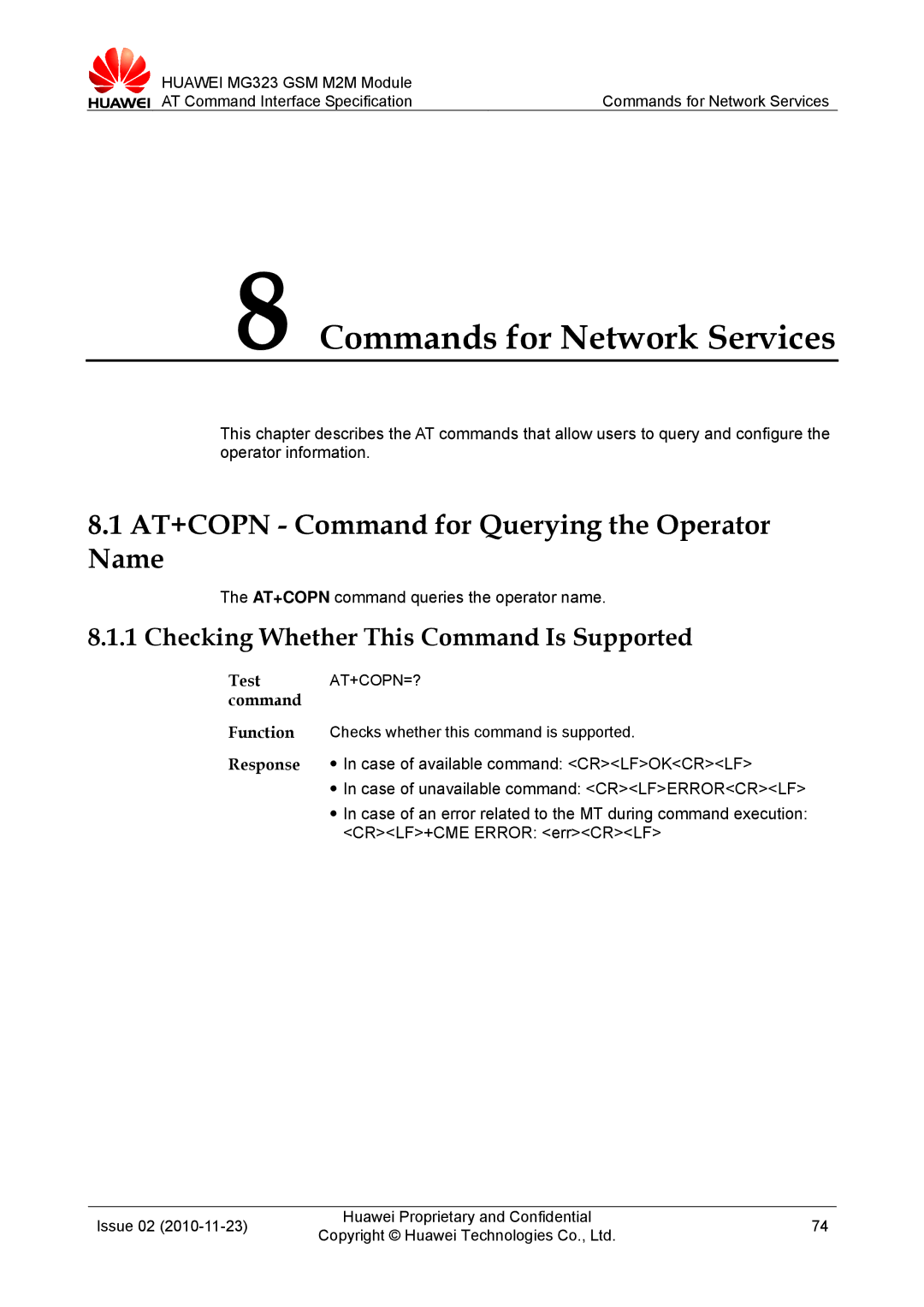 Huawei MG323 manual Commands for Network Services, AT+COPN Command for Querying the Operator Name 