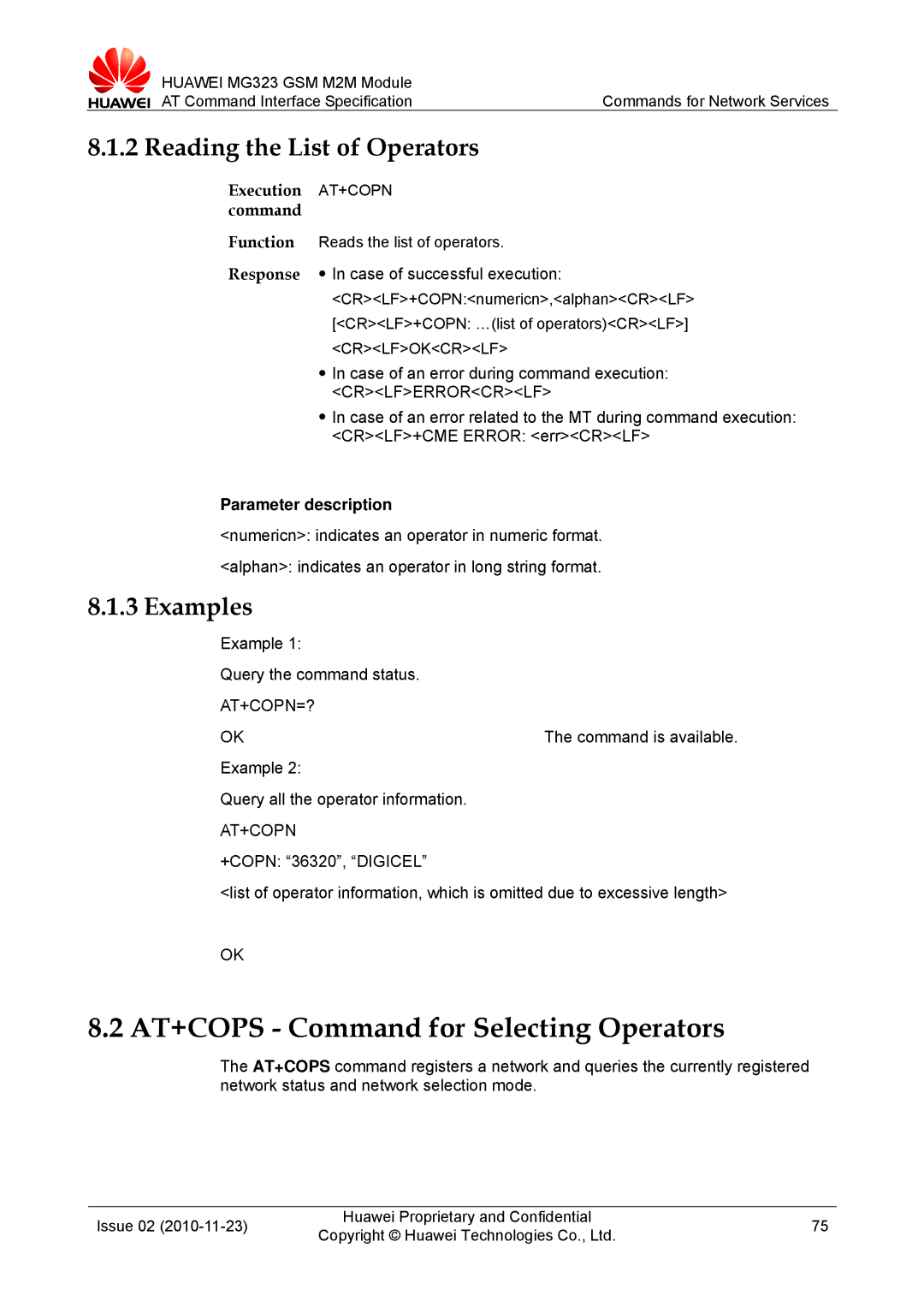 Huawei MG323 AT+COPS Command for Selecting Operators, Reading the List of Operators, Execution AT+COPN command, At+Copn=? 