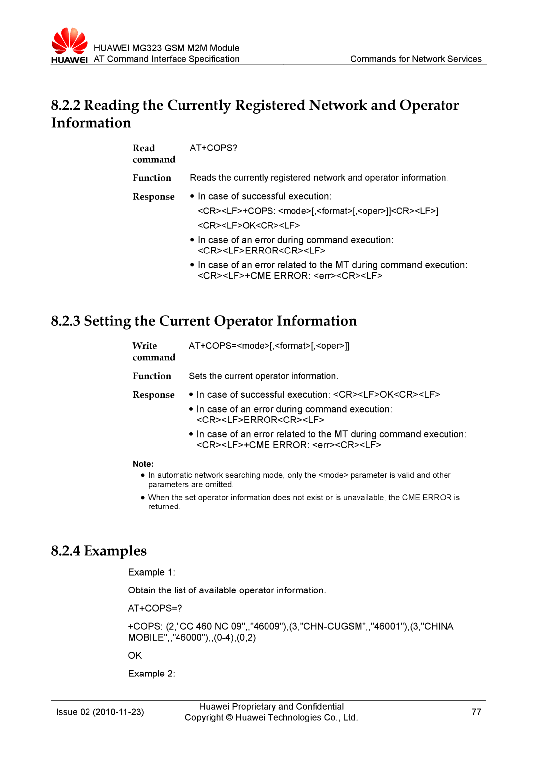 Huawei MG323 Setting the Current Operator Information, Example Obtain the list of available operator information, At+Cops? 