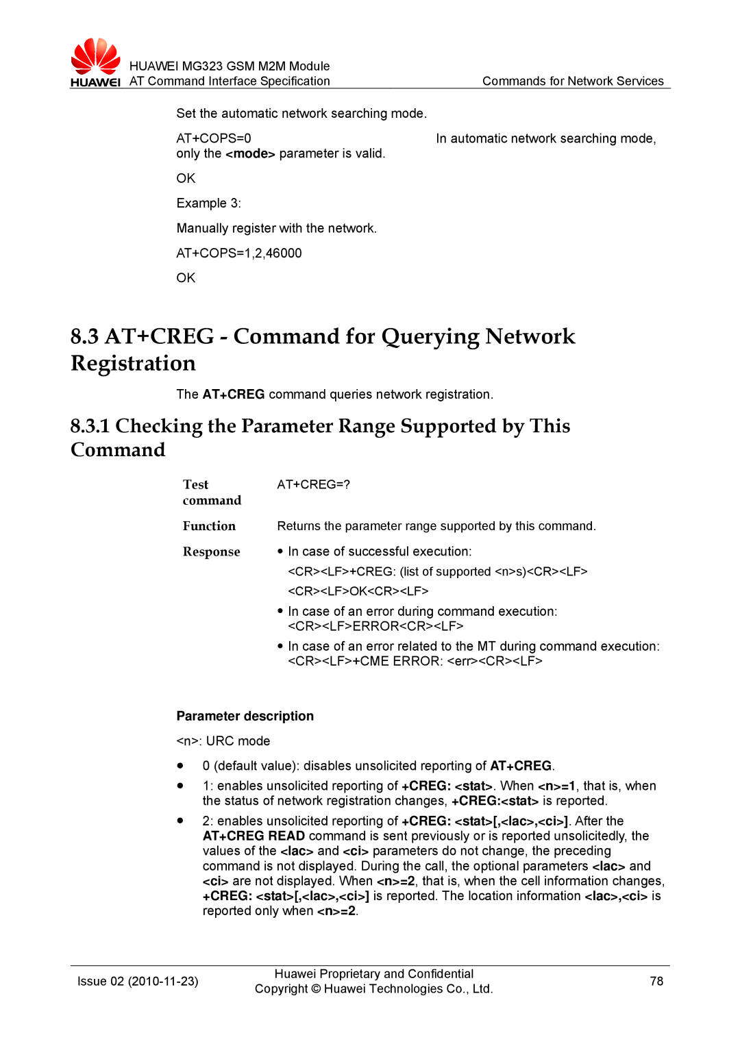 Huawei MG323 AT+CREG Command for Querying Network Registration, Checking the Parameter Range Supported by This Command 