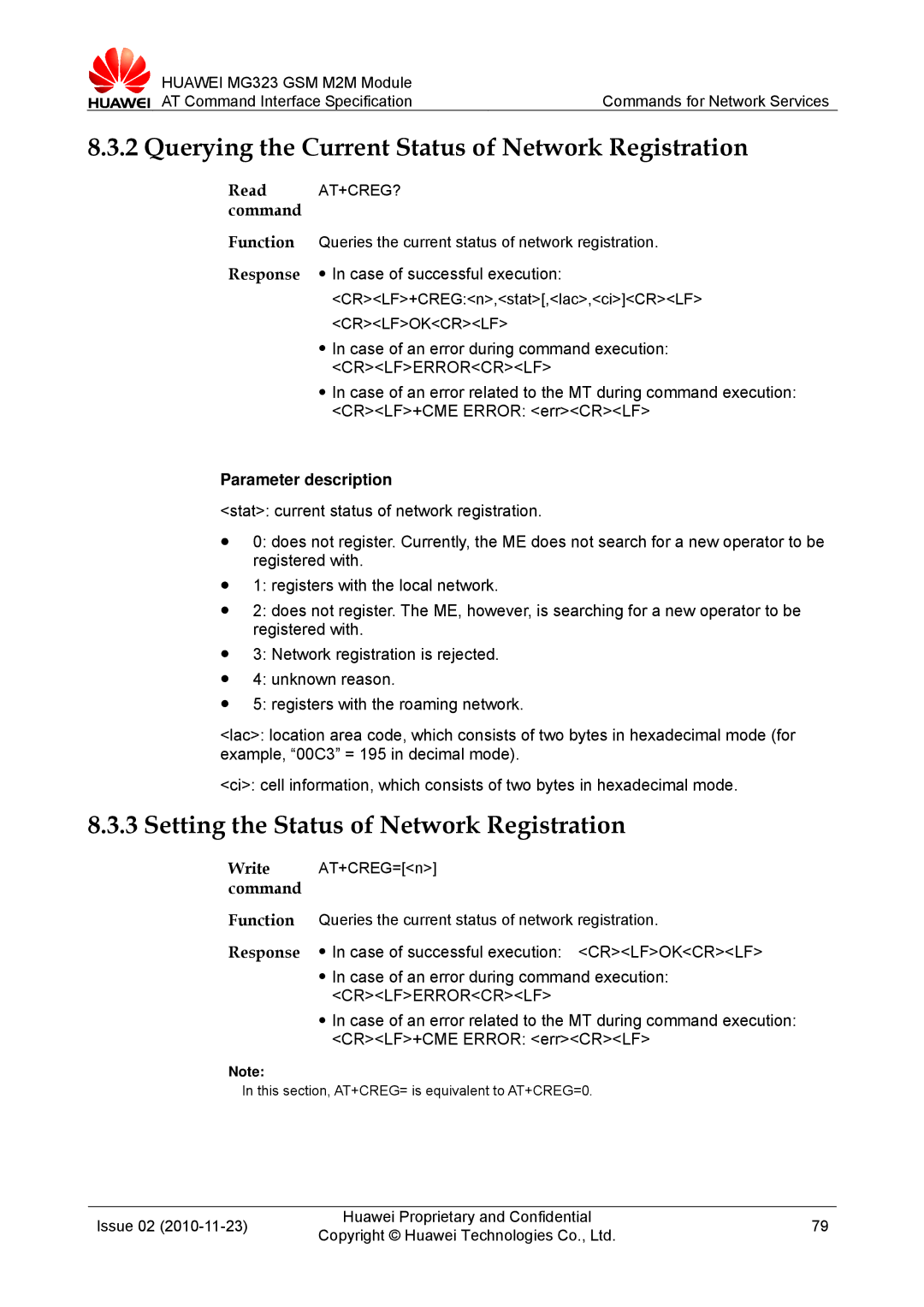 Huawei MG323 manual Querying the Current Status of Network Registration, Setting the Status of Network Registration 