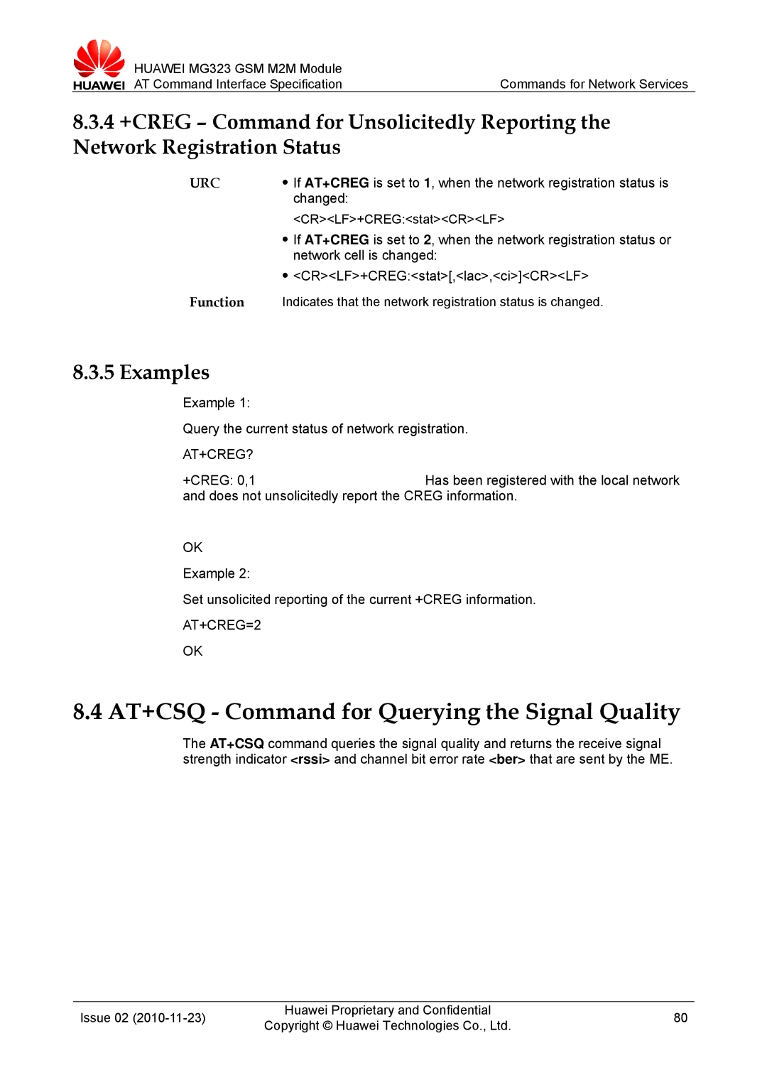 Huawei MG323 manual AT+CSQ Command for Querying the Signal Quality, At+Creg?, AT+CREG=2 