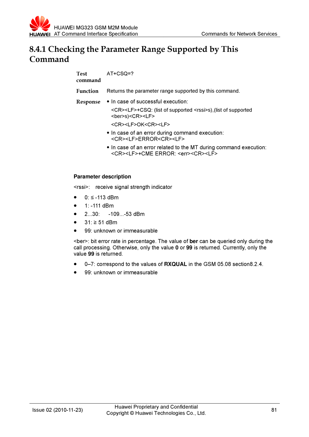 Huawei MG323 manual CRLF+CSQ list of supported rssis,list of supported bersCRLF 