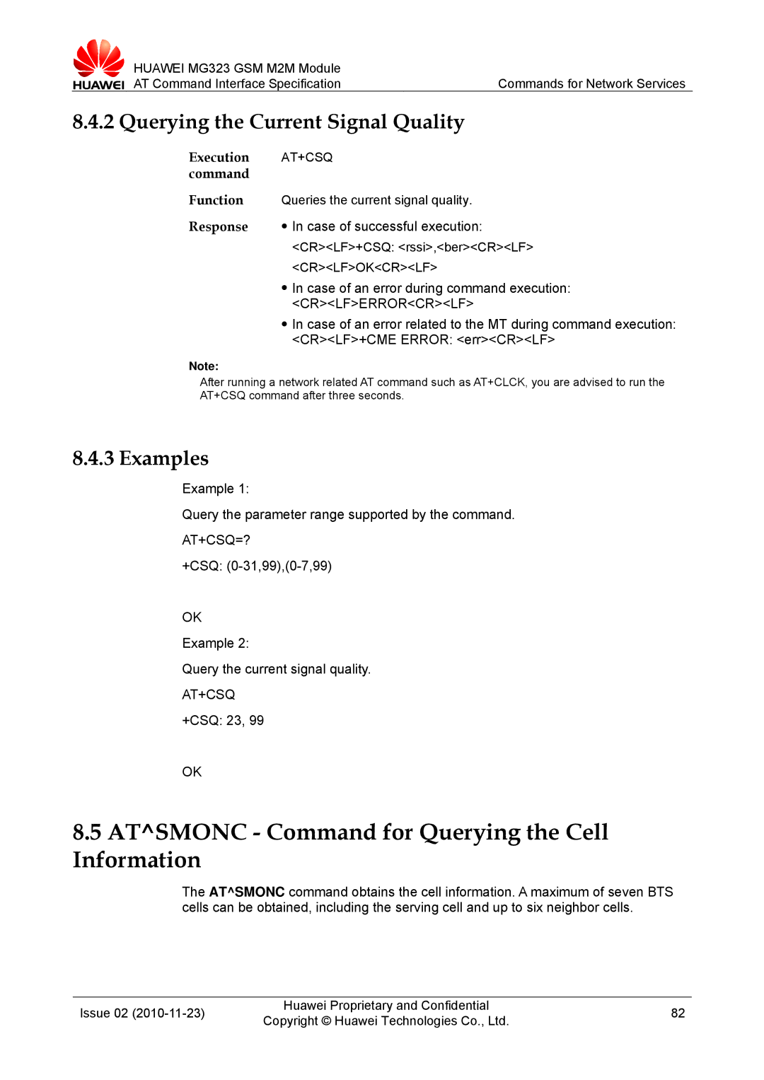 Huawei MG323 manual Atsmonc Command for Querying the Cell Information, Querying the Current Signal Quality, At+Csq=? 